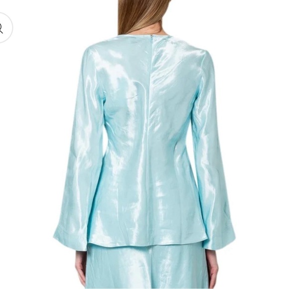 Aje Moonglade Pierced Fit and Flare Ruched Blouse in Spearmint Blue Size 8 - Picture 4 of 16